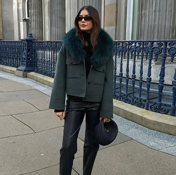 Green Autumn Winter Bomber Jacket For Women Vintage Faux Fur - Picture 3 of 8